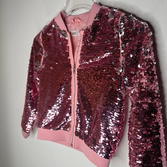 H&M Pink Sequin Bomber Jacket Girls Size 6-7 - Picture 5 of 9